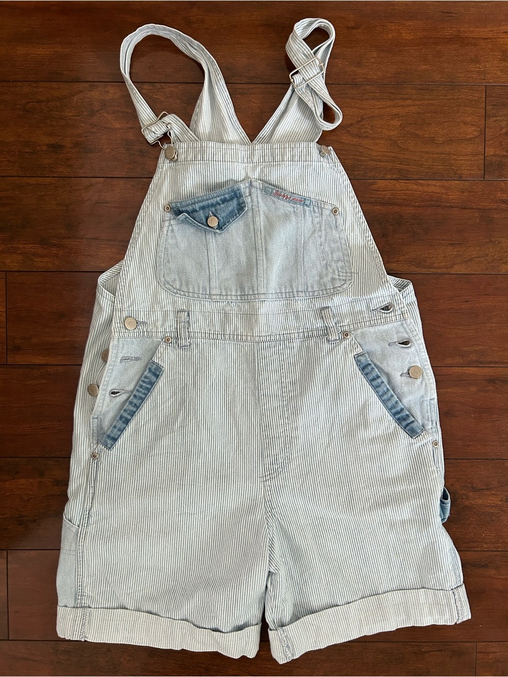 VTG Y2K Squeeze Jeans Blue and White Striped Denim Short Overalls